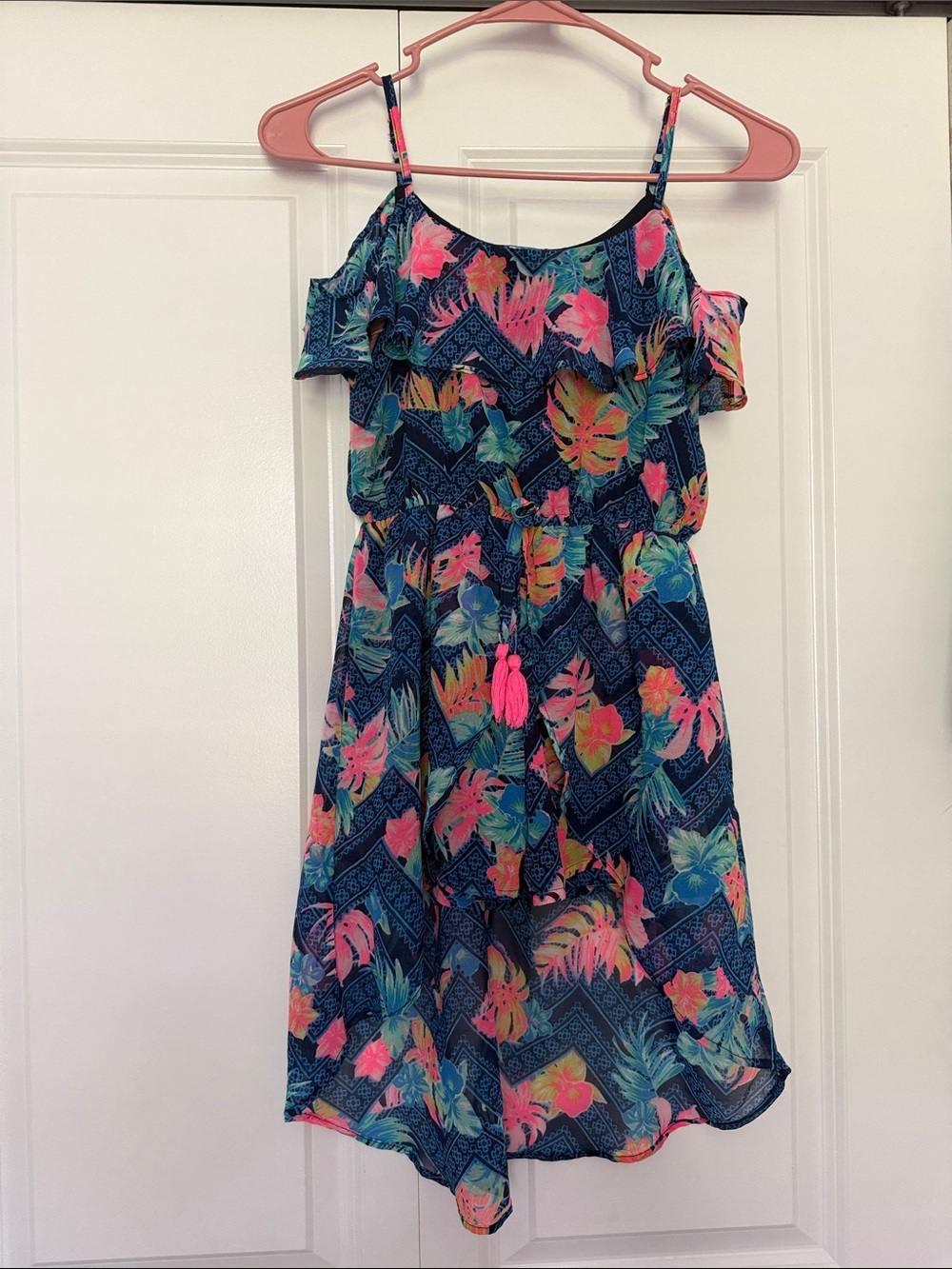 Navy Tropical-Print Cold-Shoulder romper Dress for Girls - Pink Accents